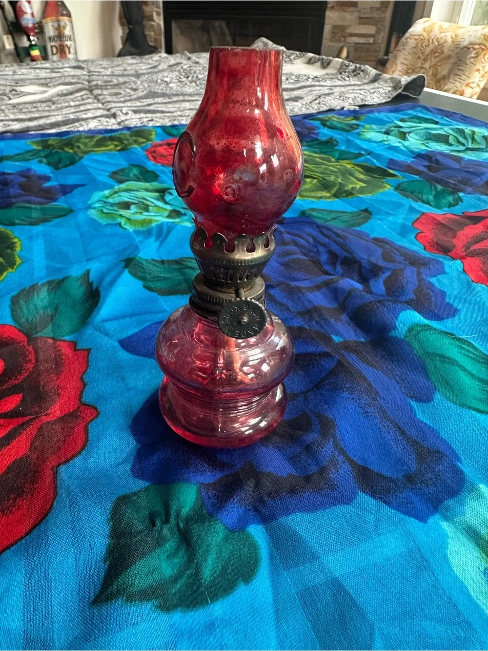 Handmade Red Glass Oil Lamp with Metal Burner